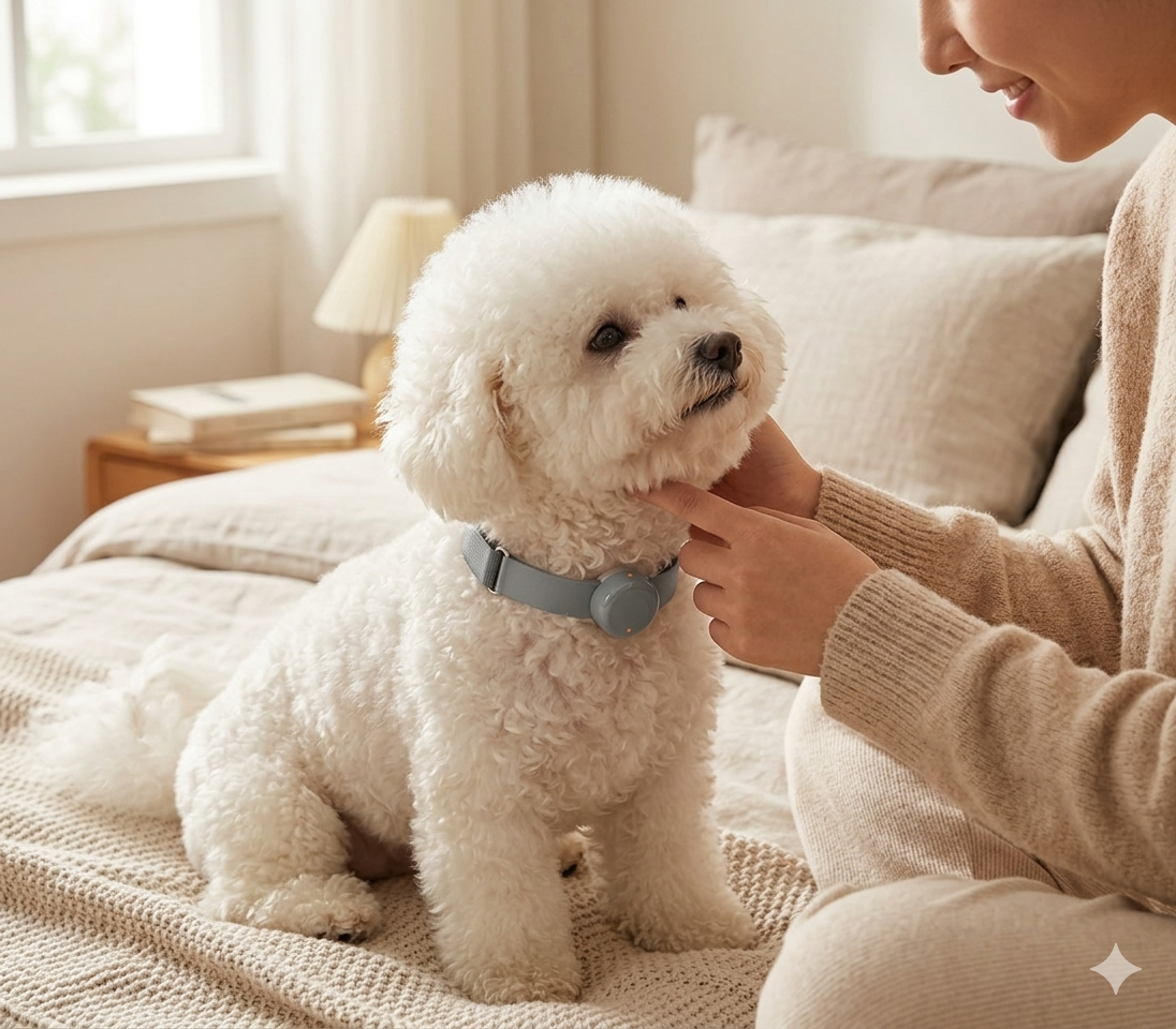 A dog resting comfortably in the living room with an owner checking records nearby, showing a dog HRV measurement setting