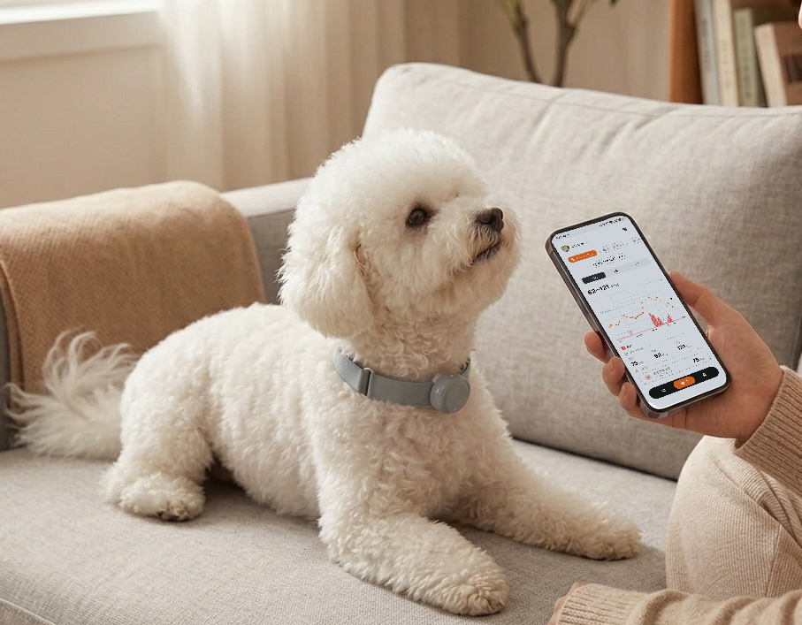 A home care setting where a dog's resting heart rate is recorded beside it as it sleeps