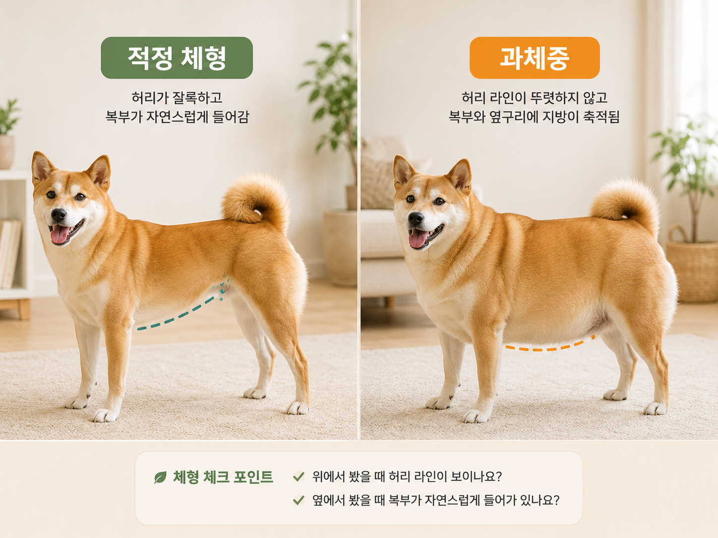 A reference image comparing an ideal body shape and an overweight body shape side by side for dog obesity