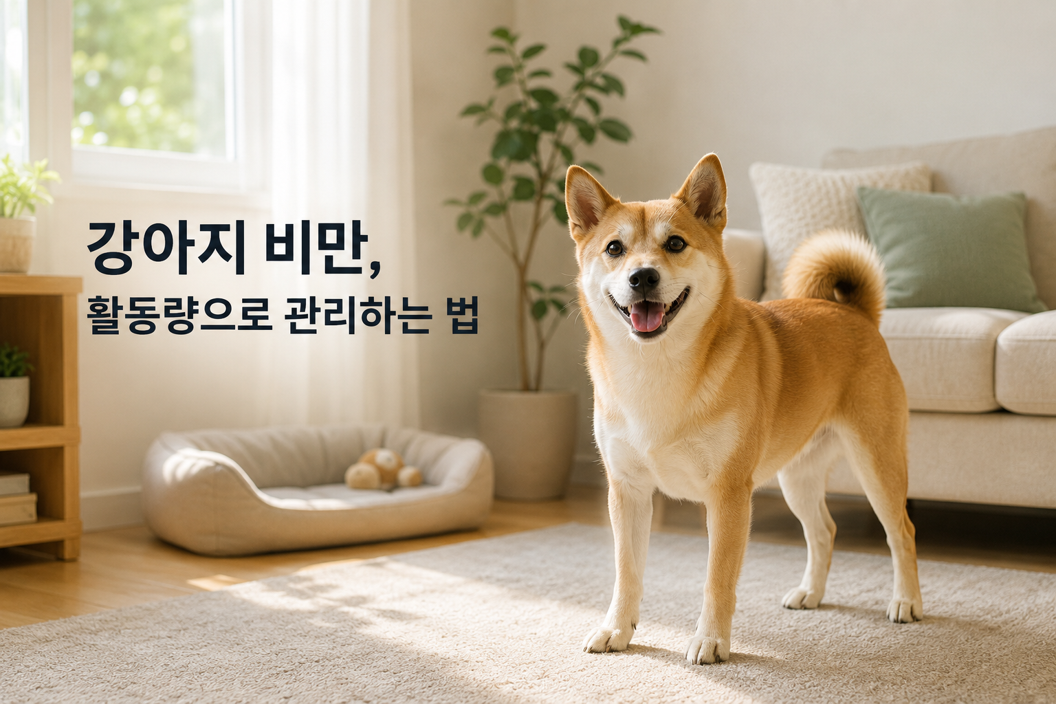 A dog standing with a healthy body shape in a bright living room — managing dog obesity starts with knowing the ideal body shape