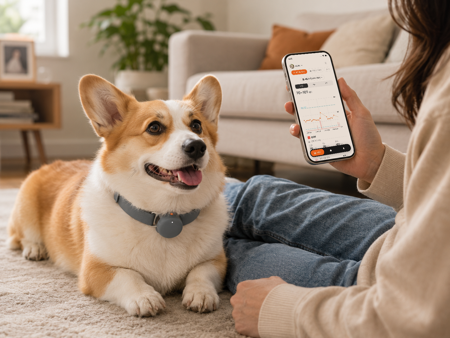 An image capturing the mood of routinely recording activity data beside a dog resting comfortably at home