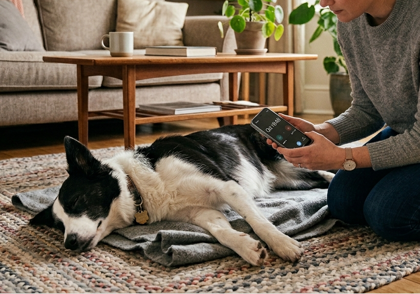 An owner's hands timing a dog's respiratory rate for one minute with a stopwatch as the dog lies calmly