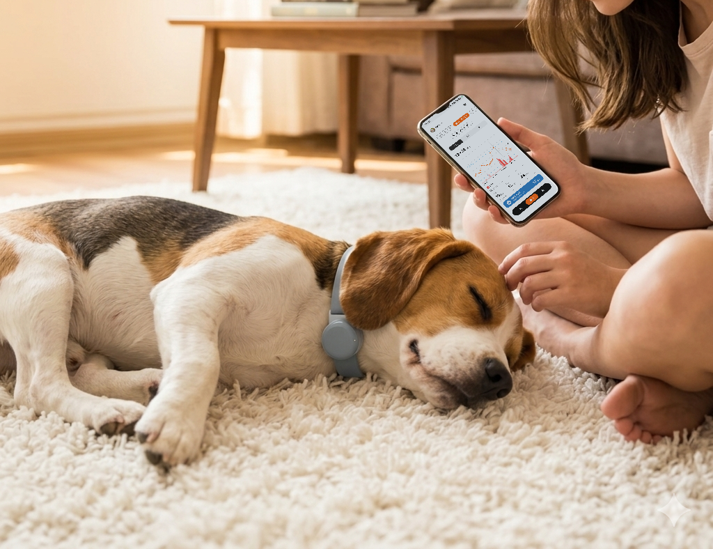 An owner checking a dog's normal respiratory rate beside their dog sleeping comfortably in the living room