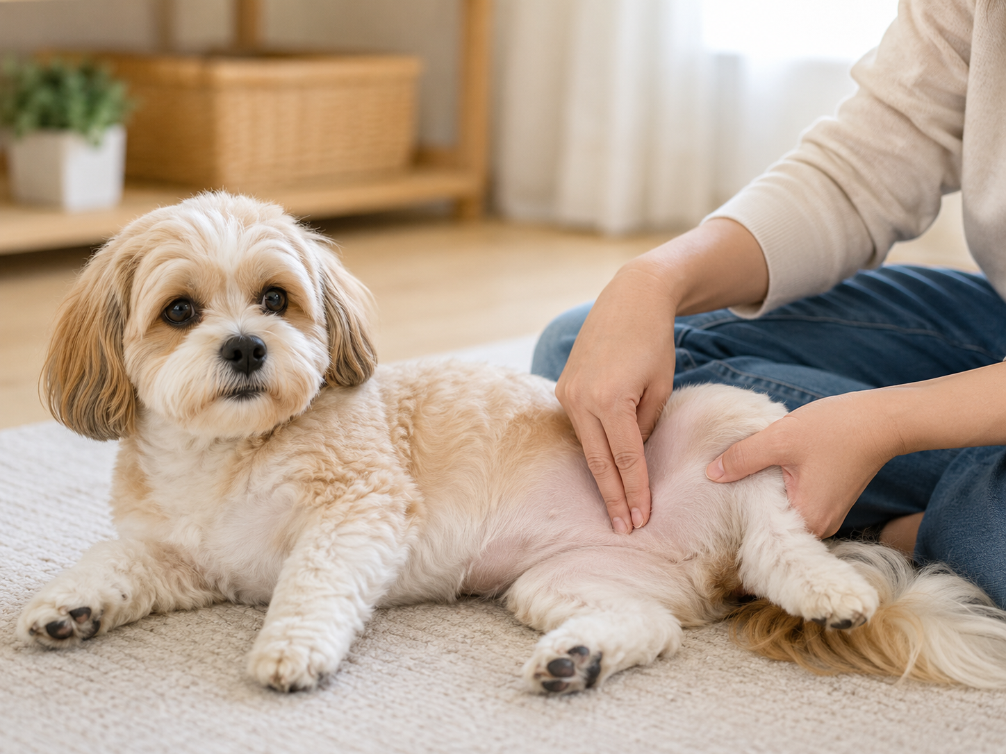 An owner placing a hand on the inner thigh of a dog to measure its resting heart rate