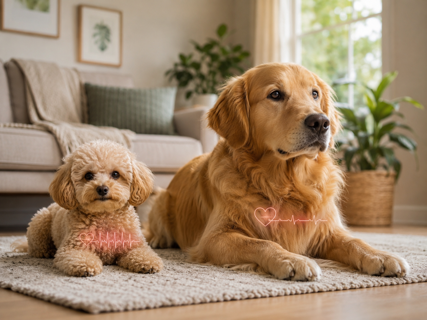 A small dog and a large dog resting side by side, showing how heart rate differs with body size