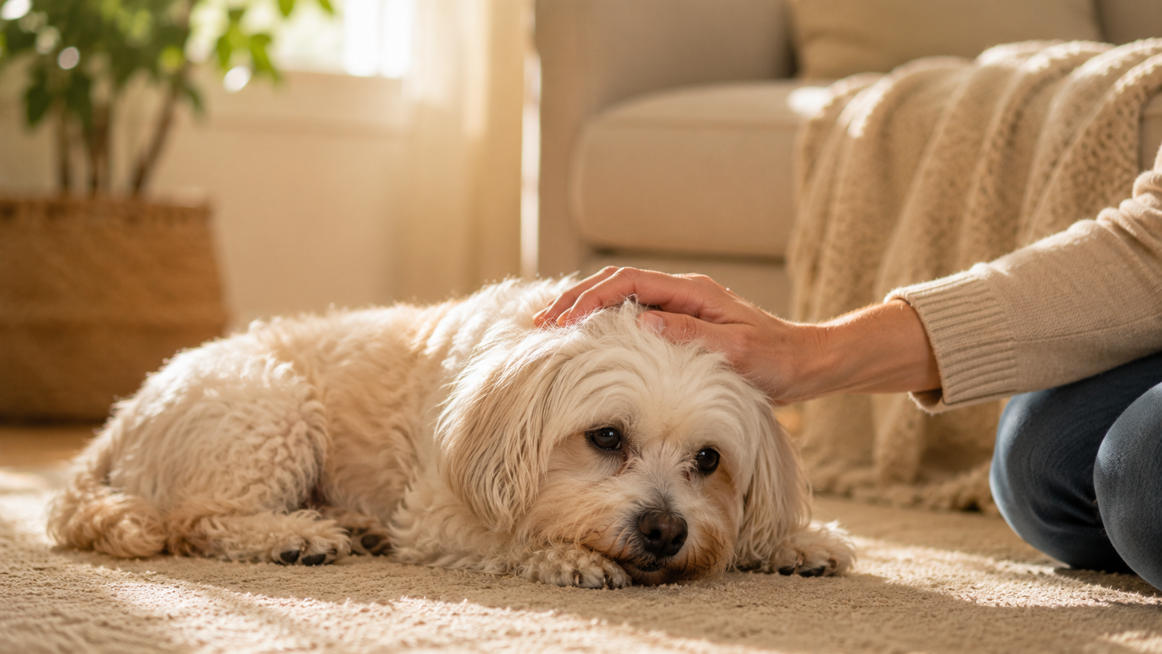 A dog resting comfortably on the living-room sofa with a steady resting heart rate